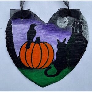 Hand Painted Slate Halloween‎ Pumpkin, Cat, Crow, Full Moon, Haunted House